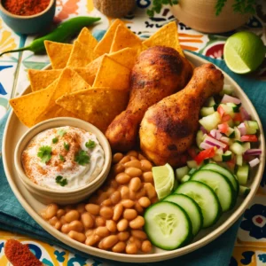 Krokante Tortillachips met Geroosterde Kip, Witte Bonen Dip en Komkommersalade