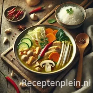Hyper-realistische foodfoto van Sop Lodeh met kip in een diepe keramische kom met goudkleurige bouillon, kipstukjes, wortel, Chinese kool, taugé en shiitake, geserveerd met witte rijst op een rustieke houten tafel met rode peper, knoflook en houten lepel in warm natuurlijk licht.