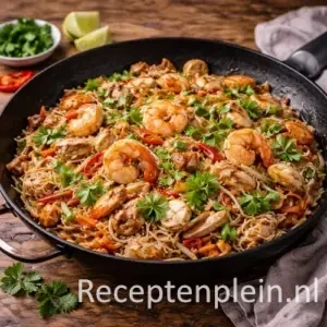 Mihoen goreng met varkensvlees, kip en garnalen in een brede wokpan met roergebakken glasnoedels, kleurrijke groenten en verse kruiden, geserveerd op een rustieke houten tafel met limoenpartjes, chilipepers, koriander en een linnen doek bij warm natuurlijk licht.