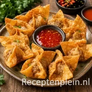 Pangsit Goreng op een rustieke houten tafel