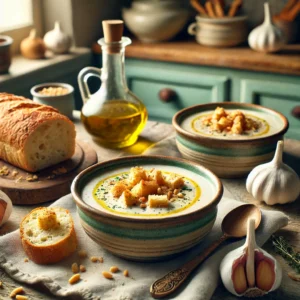Een gezellige en uitnodigende foto van knoflooksoep, geserveerd in rustieke keramische kommen. De soep is romig en licht, gegarneerd met knapperige croutons en een vleugje gemalen pijnboompitten. Op de tafel liggen een knapperig brood, een geroosterde knoflookbol en een scheutje olijfolie. De setting toont een vintage keuken met houten werkbladen, pastelgroene en blauwe kastjes en zacht natuurlijk licht dat door een raam valt. Details zoals een houten lepel en een servet versterken de warme en troostrijke sfeer.