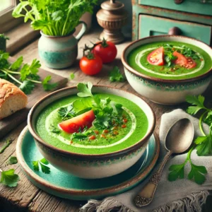 Een verfijnde en elegante foto van romige waterkerssoep met tomaten en peterselie, geserveerd in rustieke keramische kommen. De soep is helder groen, glad van textuur en gegarneerd met verse waterkersblaadjes, gehakte peterselie en stukjes rijpe tomaat. De setting toont een vintage keuken met houten werkbladen, pastelgroene en blauwe kastjes en zacht natuurlijk licht dat door een raam valt. Details zoals een bosje verse waterkers, een knapperig brood en een lepel versterken de frisse en uitnodigende sfeer.