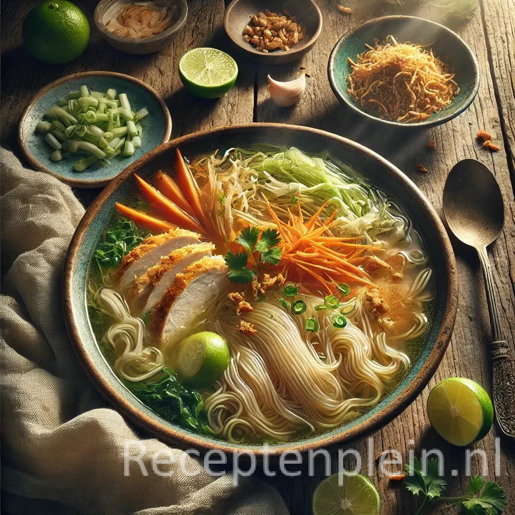 Hyper-realistische foodfoto van Sotanghon Filippijnse kippensoep met glasnoedels, kip, wortel, kool en bosui in heldere bouillon, gegarneerd met gebakken knoflook en limoen, geserveerd in een diepe kom op een rustieke houten tafel met lepel en linnen doek in warm natuurlijk licht.