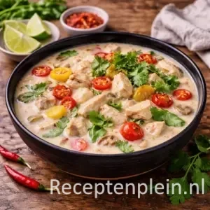 Soup gai met romige kokosbouillon, malse kip, champignons en rode pepers in een donkere aardewerken kom, geserveerd op een rustieke houten tafel met limoenpartjes, koriander, chilipepers en een linnen doek bij warm natuurlijk licht.