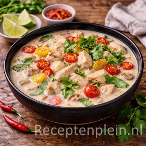 Soup gai met romige kokosbouillon, malse kip, champignons en rode pepers in een donkere aardewerken kom, geserveerd op een rustieke houten tafel met limoenpartjes, koriander, chilipepers en een linnen doek bij warm natuurlijk licht.