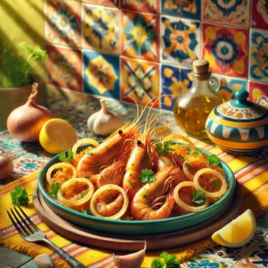 Spaanse Gebakken Gamba's met Knoflook en Uien in Sherry
