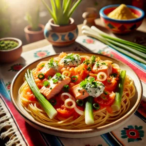 Spaghetti met Zalm en Prei in Tomatensaus
