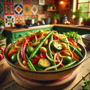 Sperziebonensalade Porties: 4 personen Deel dit recept via E-mail Deel op Facebook Recept afdrukken Ingrediënten ▢Ijsbergsla of rucolamelange ▢500 g sperziebonen ▢3 tomaten in stukjes ▢5 gedroogde zontomaatjes in olie en in stukjes ▢150 g feta kaas ▢100 g ijssla of andere sla ▢50 g pijnboompitjes licht geroosterd in droge koekenpan Eventueel : ▢12 zwarte olijven in stukjes gesneden toevoegen Voor de dressing: ▢4 eetlepels olijfolie ▢2 eetlepels witte wijn azijn ▢2 theelepels honing mosterd of zachte mosterd ▢2 theelepels honing (indien men honingmosterd gebruikt dan honing weglaten Instructies Kook de sperziebonen ± 5 minuten beetgaar en spoel ze af met koud water. Meng de olijfolie met de azijn de mosterd en de honing in een grote schaal. Doe de sperziebonen en de gesneden ijsbergsla bij de dressing en meng goed door. Meng de gedroogde zontomaatjes er door. Verkruimel de feta kaas eroverheen. Rangschik de stukjes tomaat er over. Strooi de pijnboompitjes en de olijven er over. Notities / Tips / Wijnadvies Sperziebonen met Taugé en Banaan in Ketjapsaus