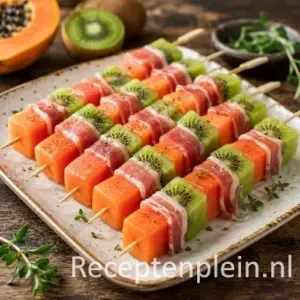Papaya Kiwi Spiesjes op een rustieke houten tafel