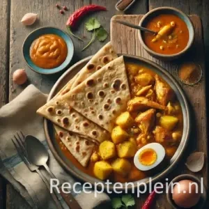 Surinaamse roti met kip, aardappel en ei op rustieke houten tafel.