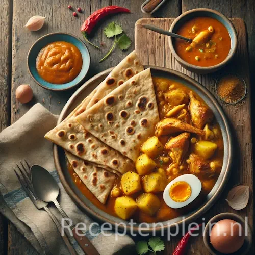 Surinaamse roti met kip, aardappel en ei op rustieke houten tafel.