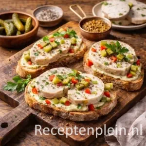 Toast au galantine de volaille met plakjes kippenpaté op knapperig brood, gegarneerd met augurk en verse kruiden, gepresenteerd op een houten serveerplank op een rustieke houten tafel met mosterdzaad, cornichons en een linnen doek bij warm natuurlijk licht.