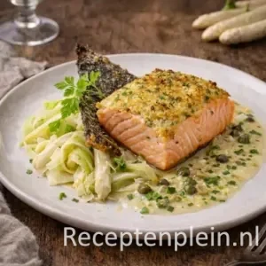Zalm in ganzenvet met asperges en saus op een rustieke houten tafel