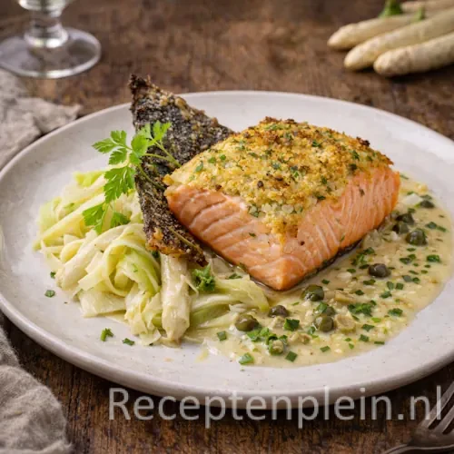 Zalm in ganzenvet met asperges en saus op een rustieke houten tafel