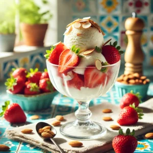 Zomerse Coupe met Vanille-ijs, Aardbeien en Amandelen