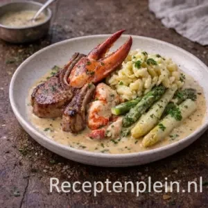 Kreeftenfricassee met asperges en spätzle op een rustieke houten tafel.