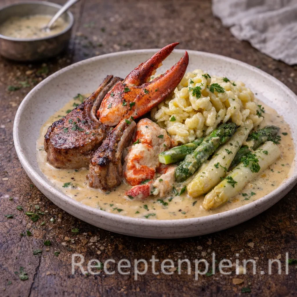 Kreeftenfricassee met asperges en spätzle op een rustieke houten tafel.