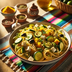 paghetti met Olijven, Courgette en Feta