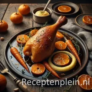 Hyper-realistische foodfoto van een goudbruine kipconfit met glanzende mandarijnsaus, geserveerd op een donkere schaal met geroosterde worteltjes en aardappelpuree op een rustieke houten tafel met hele en gehalveerde mandarijnen in warm sfeervol licht.