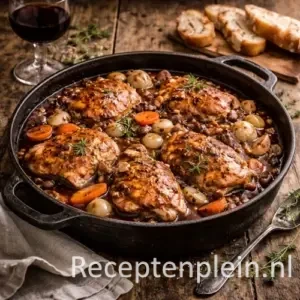 Hyper-realistische foodfoto van Coq au Vin met malse kipkarbonades gestoofd in diepe rode wijnsaus met wortels, champignons en zilveruitjes, geserveerd in een gietijzeren pan op een rustieke houten tafel met een glas rode wijn en stokbrood in warm natuurlijk licht.