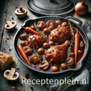Natuurlijk ogende foodfoto van Coq au Vin met scharrelkip in een gietijzeren pan met rode wijnsaus, champignons, pareluitjes en wortels op een rustieke houten tafel, met broodkruimels en zachte raamverlichting voor een huiselijke sfeer.