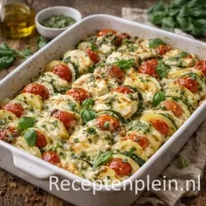 Courgette ovenschotel met mozzarella en pesto op een rustieke houten tafel.