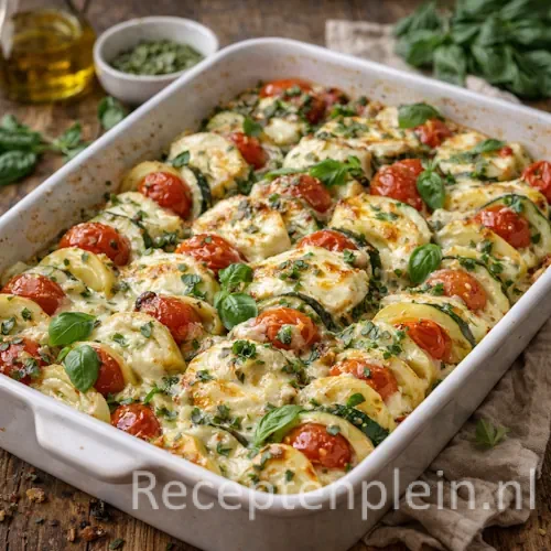 Courgette ovenschotel met mozzarella en pesto op een rustieke houten tafel.
