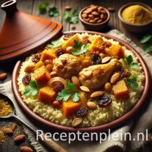 Hyperrealistische foodfoto van couscous met kip geserveerd in een terracotta tajine schaal op een rustieke houten tafel, licht uitgezoomd zodat het tafelblad goed zichtbaar is. Luchtige couscous is bedekt met gestoofde kip, geroosterde pompoenblokjes, gekaramelliseerde ui, rozijnen en amandelen, afgewerkt met verse koriander. De tajinedeksel ligt ernaast, samen met schaaltjes noten en specerijen en een linnen doek, gefotografeerd in warm sfeervol avondlicht met een premium foodmagazine uitstraling.