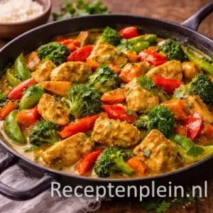 Currykip met groente in een gietijzeren pan met malse kip in een romige currysaus, omringd door broccoli, paprika en wortel, geserveerd op een rustieke houten tafel met verse koriander, een schaaltje rijst en een linnen doek bij warm natuurlijk licht.