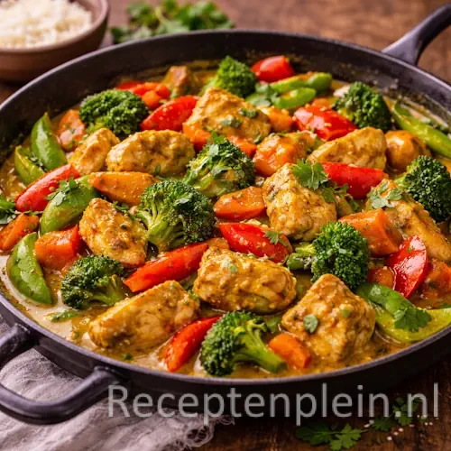 Currykip met groente in een gietijzeren pan met malse kip in een romige currysaus, omringd door broccoli, paprika en wortel, geserveerd op een rustieke houten tafel met verse koriander, een schaaltje rijst en een linnen doek bij warm natuurlijk licht.