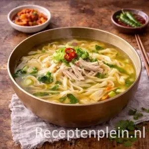Dak kalguksu, Koreaanse kip-noedelsoep met handgesneden noedels en malse kip in een diepe metalen kom, geserveerd op een rustieke houten tafel met kimchi, chilipepers, houten eetstokjes en een linnen doek bij warm natuurlijk licht.