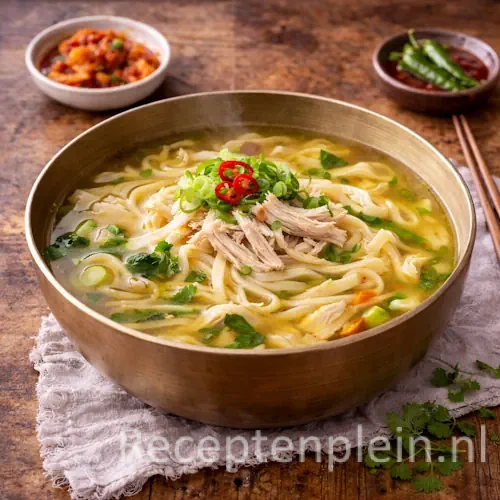 Dak kalguksu, Koreaanse kip-noedelsoep met handgesneden noedels en malse kip in een diepe metalen kom, geserveerd op een rustieke houten tafel met kimchi, chilipepers, houten eetstokjes en een linnen doek bij warm natuurlijk licht.