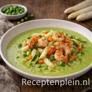 Doperwtjes Crème Soep met groenten en gamba's op rustieke houten tafel