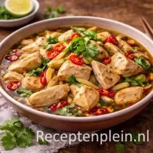 Dubbele knoflookkip uit de oven met goudbruin geroosterde kip en hele knoflooktenen in een ovenschaal, geserveerd op een rustieke houten tafel met verse kruiden, rozemarijn en een linnen doek bij warm natuurlijk licht.