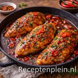 Duivelse kipfilet met pittige rode saus en plakjes rode peper in een gietijzeren pan, geserveerd op een rustieke houten tafel met chilivlokken, verse kruiden en een linnen doek bij warm natuurlijk licht.