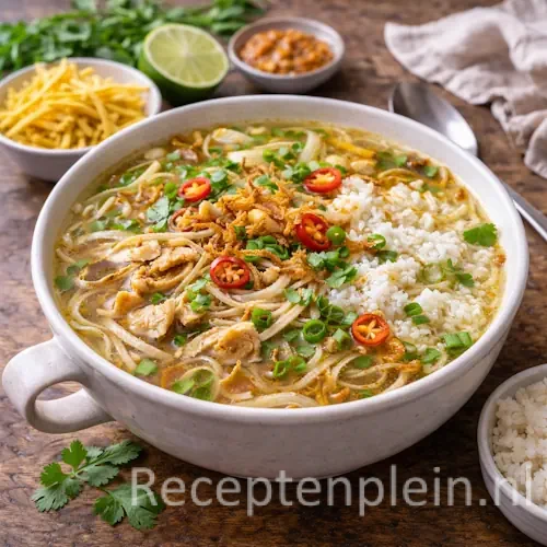 Echte saoto soep met heldere kippenbouillon, rijst, glasnoedels en pulled chicken in een diepe aardewerken kom, geserveerd op een rustieke houten tafel met limoen, sambal, krokante uitjes en verse kruiden bij warm natuurlijk licht.