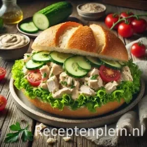 Hyper-realistische foodfoto van een Kaiserbroodje gevuld met frisse kipsalade, komkommer, cherrytomaat en krulsla, geserveerd op een keramisch bord op een rustieke houten tafel met extra tomaten, dressing en linnen doek in helder natuurlijk daglicht.