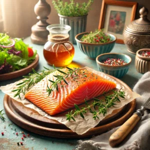 Een prachtig gerookte zalmfilet, gegarneerd met verse takjes rozemarijn en tijm, geserveerd met een kleurrijke salade en een schaaltje sinaasappelsaus. Gepresenteerd op een rustieke schaal in een gezellige vintage keuken met pastelkleuren en retro-accenten, verlicht door zacht natuurlijk licht dat de rijke kleur en textuur van de zalm benadrukt.