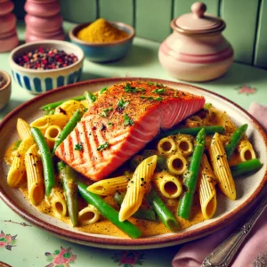 Een gerecht met zalmfilet, geserveerd met kerriepasta, malse sperzieboontjes en penne rigate in een romige kerriesaus. De roze zalmblokjes zijn perfect gebakken en gegarneerd met verse kruiden. Geserveerd op een rustieke schaal in een gezellige vintage keuken met pastelkleuren en retro-accenten, verlicht door zacht natuurlijk licht dat de levendige kleuren en texturen van het gerecht benadrukt.