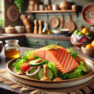 Een heerlijk gerecht met vers gerookte zalmfilet, prachtig geserveerd met een frisse salade en een lichte sinaasappelsaus. Het geheel is gepresenteerd in een moderne, gezellige keuken met warme, aardse tinten en Mexicaans geïnspireerde decoraties. De zalm ziet er perfect gerookt uit, met aandacht voor textuur en kleuren, klaar om van te genieten als een elegant en toegankelijk gerecht.