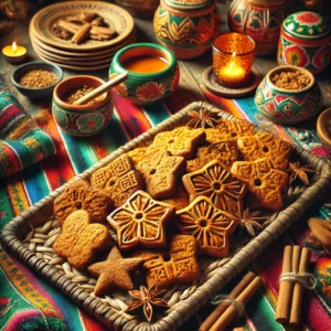 Een sfeervolle, Mexicaans geïnspireerde presentatie van 'Speculaaskoek'. Grote, goudbruine stukken speculaaskoek liggen rustiek uitgestald op een houten tray, omringd door kleurrijke Mexicaanse decoratieve elementen zoals geweven tafelkleden en keramische schalen. Kaneelstokjes en steranijs zijn subtiel toegevoegd voor extra detail, terwijl warm licht de textuur van de koekjes benadrukt.