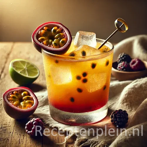passievrucht cocktail op een rustieke houten tafel.