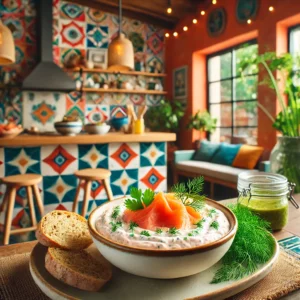 en frisse en kleurrijke foto van een romig zalmsausje met mierikswortel, gegarneerd met verse kruiden zoals dille en kervel, geserveerd in een moderne Mexicaanse keuken. De keuken heeft vrolijke tegels en kleurrijke decoraties, wat zorgt voor een gezellige en uitnodigende sfeer. Het sausje wordt geserveerd met rustiek brood en gerookte zalm, gepresenteerd op een eenvoudige maar stijlvolle manier.