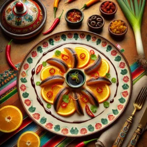 Een kleurrijke, Mexicaans geïnspireerde presentatie van 'Dim Sum van Gerookte Rivierpaling met Sinaasappel'. Op een elegant gedecoreerd bord liggen stukjes gerookte paling op sappige sinaasappelschijfjes, gegarneerd met fijngesneden chilipeper en lente-ui. Rondom zijn kleine stukjes gekarameliseerde cashewnoten en een kunstzinnige drizzle van zwarte olijvensaus subtiel aangebracht. De warme en levendige Mexicaanse tafelsetting versterkt de verfijnde uitstraling van dit gerecht.