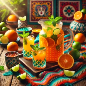 Een levendige Mexicaans geïnspireerde presentatie van Drank van Citrus en Oranjebloesemwater. Een glazen kan gevuld met helder oranje citrusdrank, versierd met muntblaadjes en een vleugje granaatappelsiroop. Ernaast staan kleurrijke glazen met ijsblokjes en citruspartjes. De setting is een rustieke houten tafel met een traditioneel Mexicaans geweven tafelkleed, omringd door limes, sinaasappels en munt. 🌞🍊✨