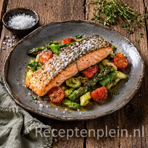 Zalm met Grof Zeezout op rustieke houten tafel