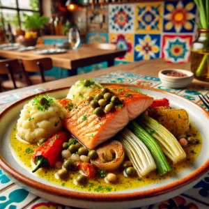 Een prachtig gepresenteerd gerecht van zalmfilet met een kappertjes- en pijnboompittendressing, geserveerd met romige limoenpuree, geroosterde rode paprika en malse prei, in een moderne Mexicaanse keuken met kleurrijke tegels en houten accenten.