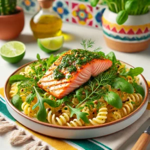 Een kleurrijk gerecht van gegrild zalmhaasje op een bedje van pasta, gegarneerd met verse kruiden zoals dille, peterselie en basilicum. Het gerecht is geserveerd met limoenpartjes en een frisse salade van tuinkers, gepresenteerd in een moderne keuken met Mexicaanse invloeden, vol levendige kleuren en een vrolijke uitstraling.