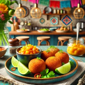 Knapperige zalmkroketten geserveerd met limoenpartjes en mangochutney in een kleurrijke, gezellige keuken met een moderne Mexicaanse stijl.