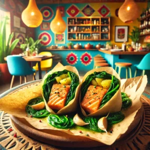Frisse zalmpakketjes gevuld met spinazie, knoflook en aardappel, gepresenteerd in een moderne keuken met een vrolijke Mexicaanse uitstraling, met levendige kleuren en natuurlijke houten accenten.